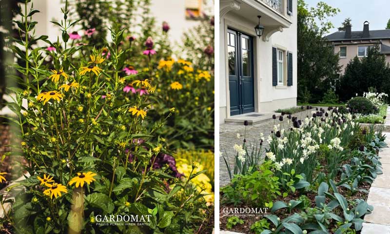 Terrassenbeete mit bunter Bepflanzung Fotocollage mit Terrassenbeete aus bunten Pflanzen
