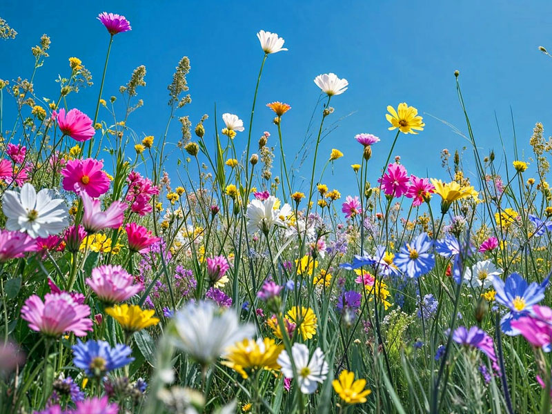 Blumenwiese Blumenwiese mit Wildblumen aus der Froschperspektive