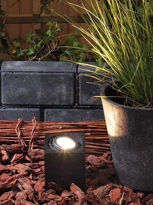 Spotlight Cylon leuchtet auf ein Ziergras in einem Topf