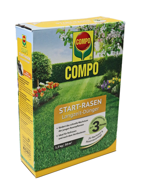 Verpackung eines Start-Rasen Langzeit-Duengers mit 1,5kg Inhalt