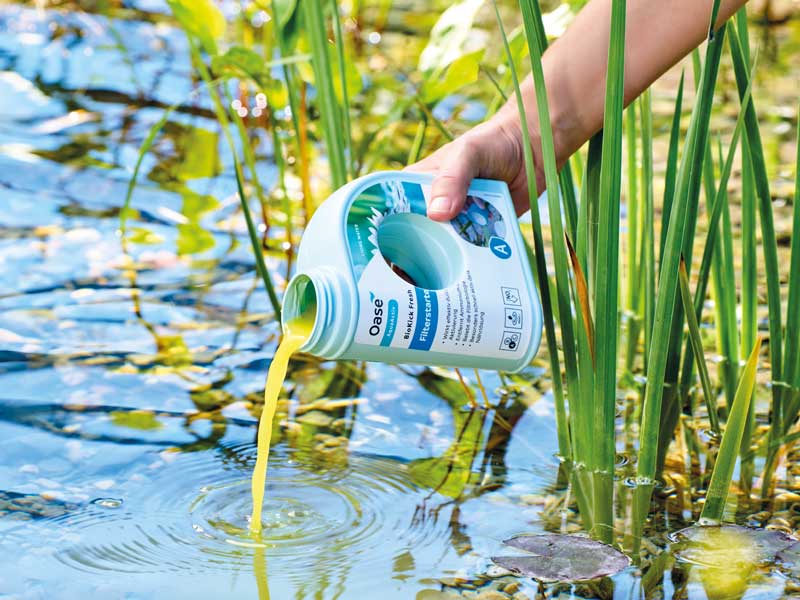 Fertiges AquaActiv BioKick Fresh wird in einen Gartenteich gegegeben