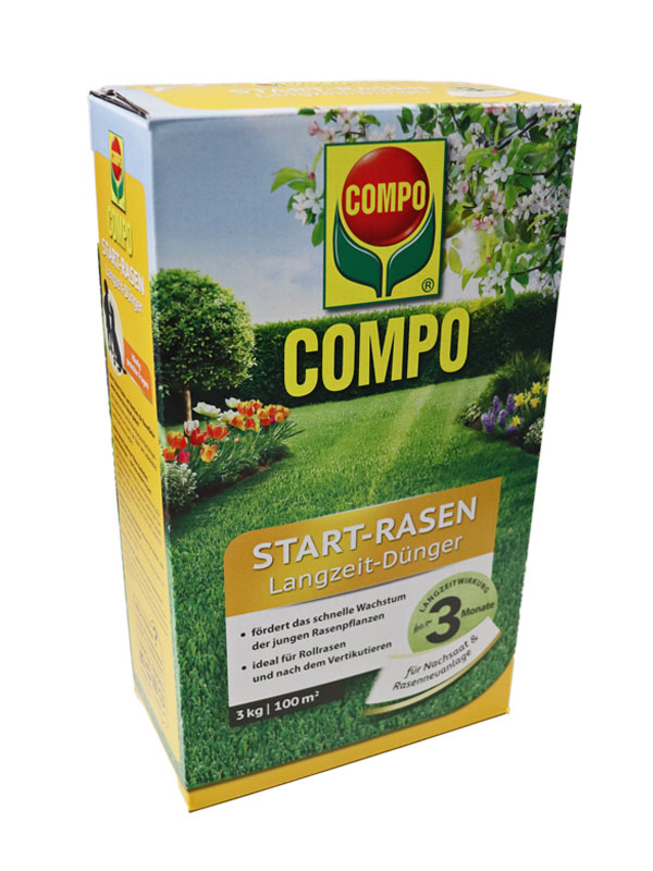 Verpackung eines Start-Rasen Langzeit-Duengers mit 3kg Inhalt